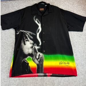 Bob Marley Button Up Shirt Mens Large Black Legend Music Dragonfly AOP Graphic